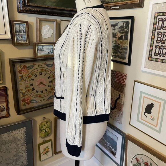 Talbots Petites Womens Black & White Cotton Button Front Cardigan Sweater Size L - Picture 3 of 6